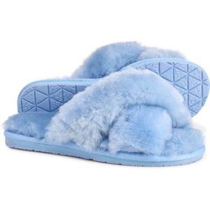 RJ’s Fuzzies Emma Sheepskin Slippers Crisscross Slip On Sandals Blue Size 9 NEW